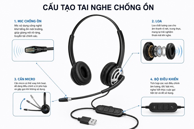 Cấu tạo tai nghe Call Center có micro chống ồn