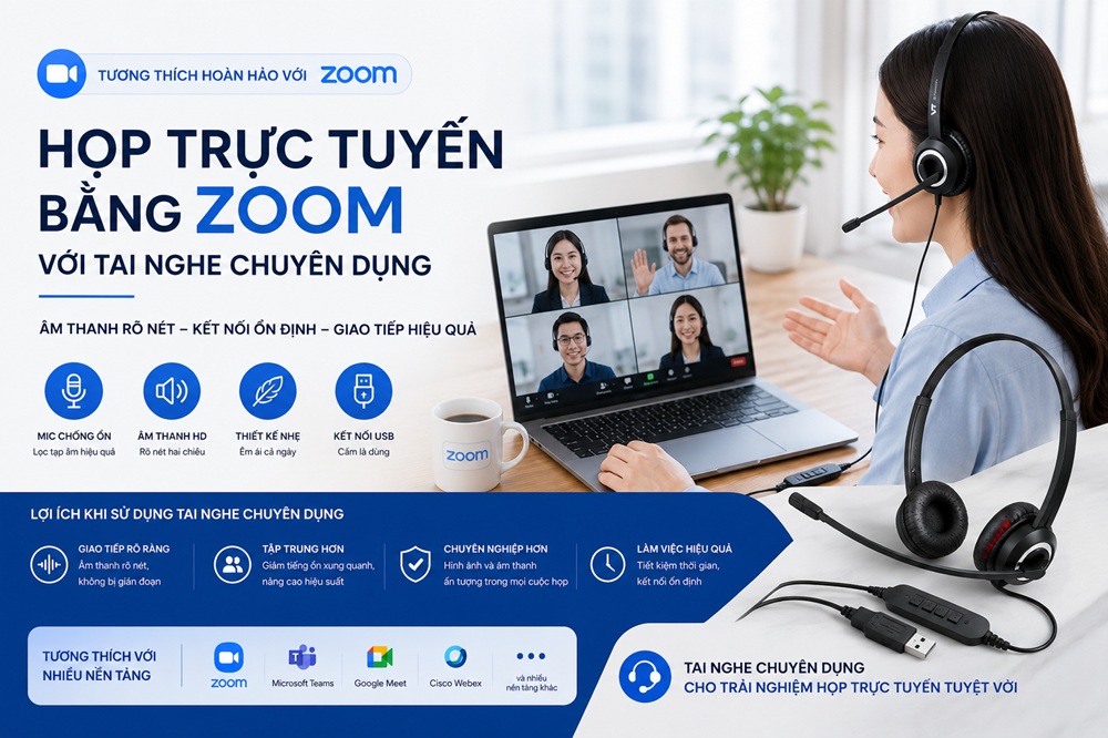 Họp trực tuyến bằng Zoom với tai nghe chuyên dụng