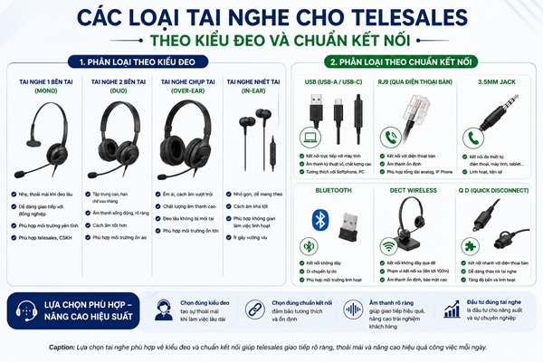 Các loại tai nghe cho telesales theo kiểu đeo và chuẩn kết nối